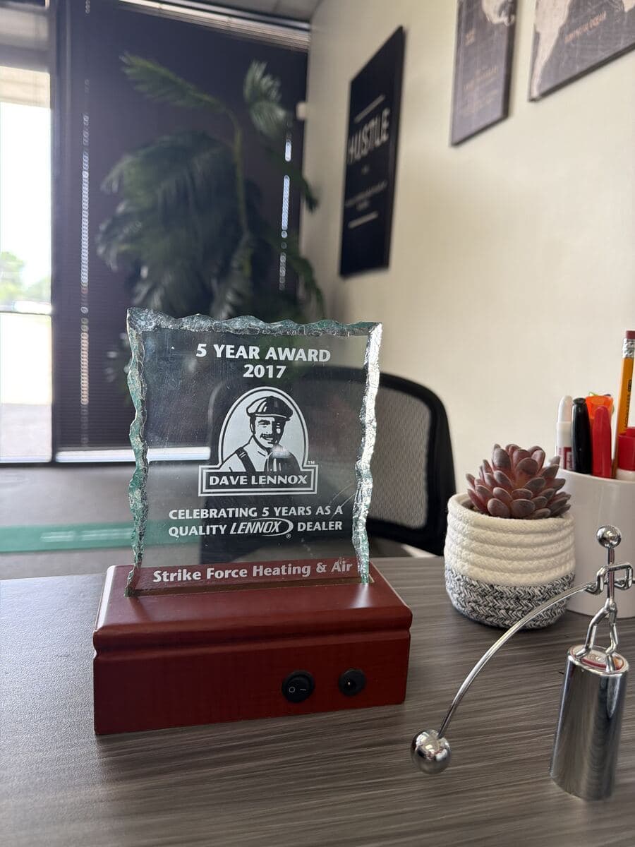 Dave Lennox award recognizing Strike Force Heating & Air for five years as a quality Lennox dealer